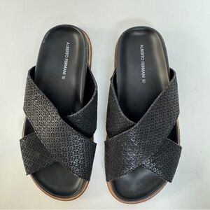 Alberto Fermani Black Slip On Sandals Cross Strap Slides Leather EU 38